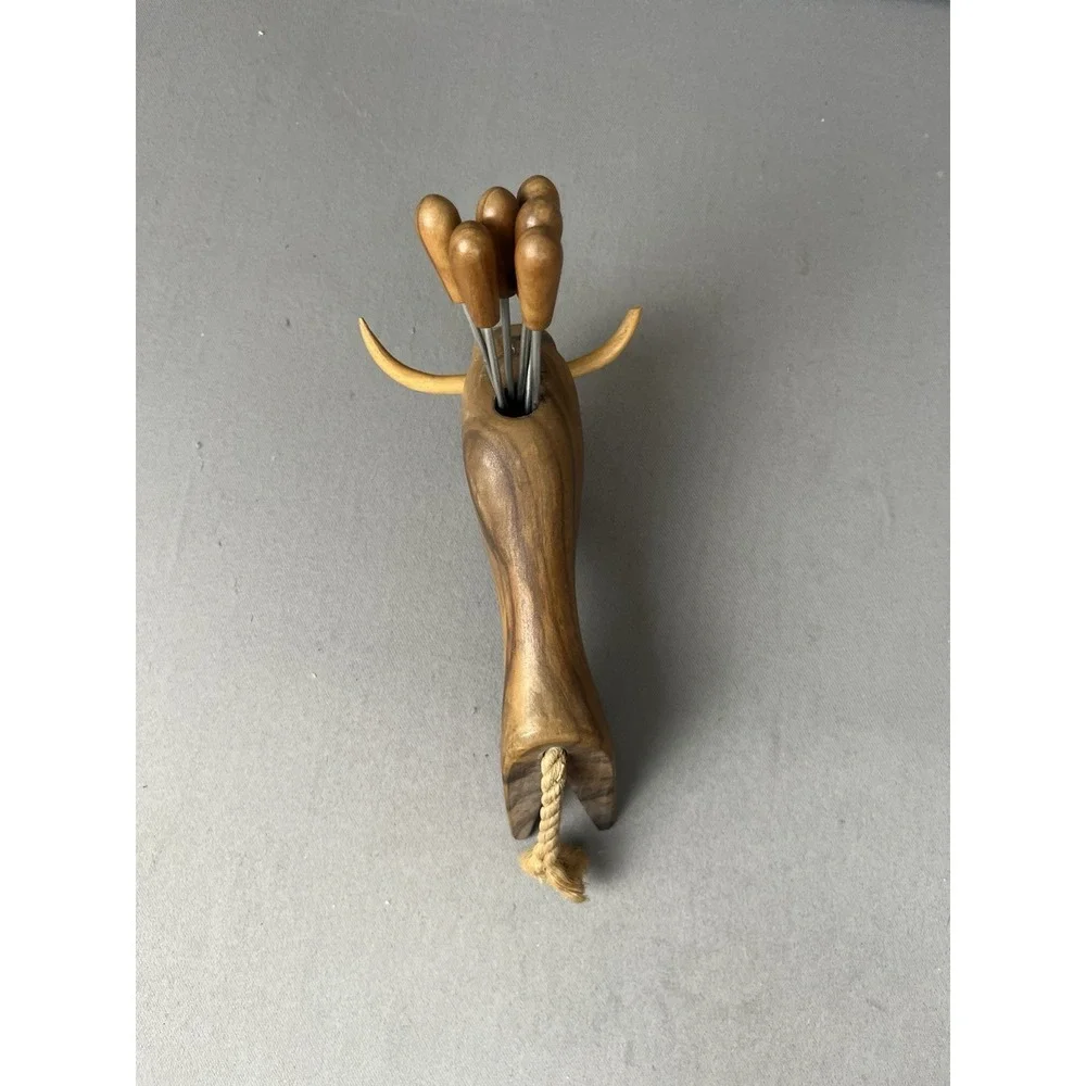 Vintage MCM Oliv-Art Olive Wood Bull Taureau 6 Appetizer Cocktail Skewers Forks